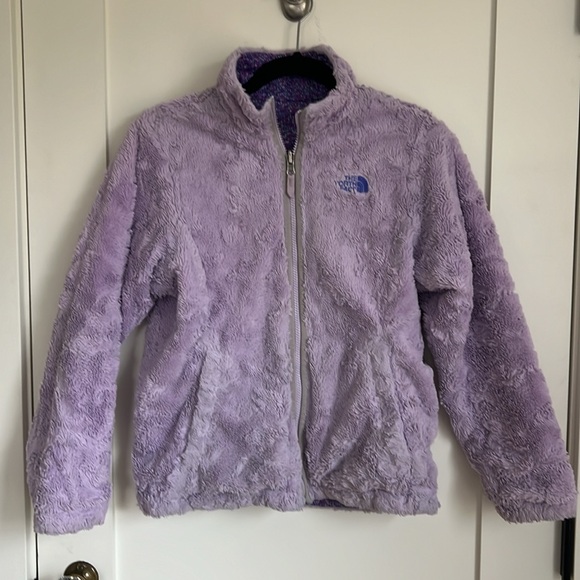 🛍️Girls The North Face Purple Print Reversible Fleece Puffer Jacket L 14/16 - Picture 3 of 10